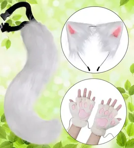 White faux fur fox ear headband and long tail cosplay set with paw gloves