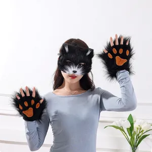Furry black animal mask and matching paw gloves set for Halloween cosplay costume parties