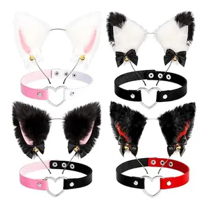 Halloween plush cat ear headbands and matching heart chokers in four unique color sets