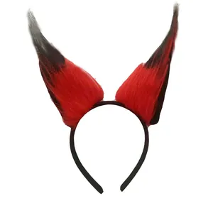 Detail view of fuzzy red and black animal ear headband for Halloween and party cosplay.