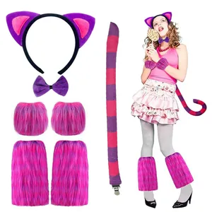 Pink and purple striped faux fur fox ear headband and long tail cosplay costume set