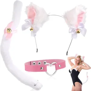 Close-up view of fluffy cat ear headband, pink heart choker, and white tail set