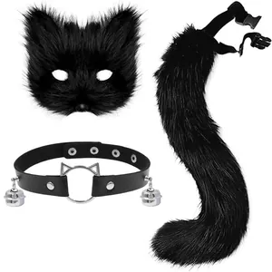 3-Piece black faux fur cat cosplay set with furry mask bell collar and fluffy tail