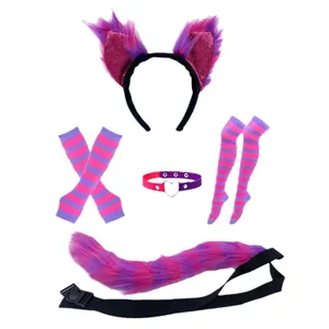 Pink and purple striped fox wolf ear headband faux fur tail and stocking cosplay set