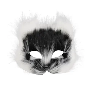 Close-up of a furry black and white wolf fox half-face mask for Halloween costumes