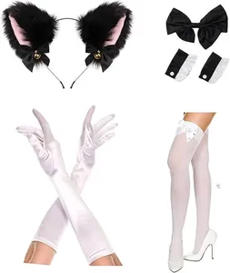 Complete cute cat ear cosplay kit with satin gloves, bows, cuffs and white thigh-high socks