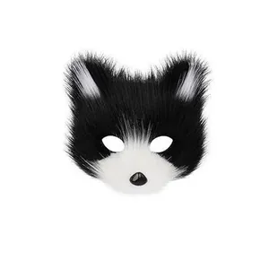 Detailed macro view of a black and white furry fox mask for Halloween cosplay costumes