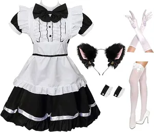 Complete cute cat ear maid cosplay costume set for Halloween with white gloves and stockings