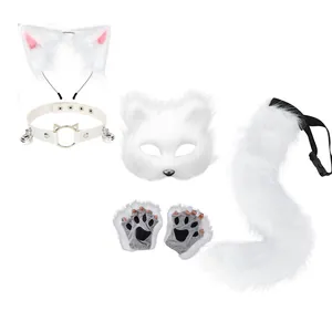 Five-piece set of white plush fox ears mask and tail for anime cosplay costumes