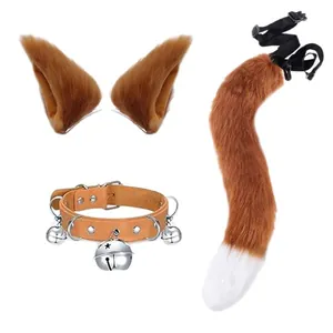 Realistic faux fur fox ears and tail costume set with leather bell collar cosplay