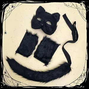 Detailed view of the black furry wolf mask, matching gloves, and long tail set for cosplay.