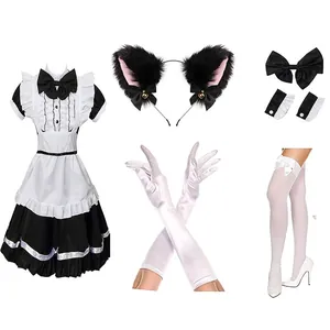 Comprehensive cute cat-ear maid cosplay costume set with accessories and long gloves.