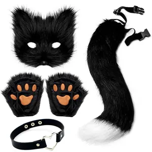 Detail view of 4-piece furry black cat cosplay set including mask, paws, tail and choker