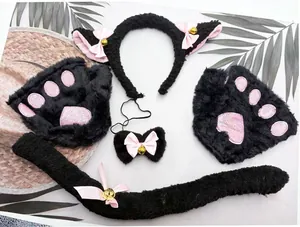 Detail view of the black plush cat cosplay set with bell ears, paw gloves, and tail.