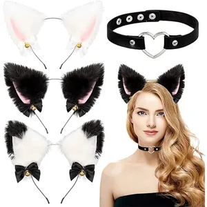 Faux fur cat ear headbands with bells and heart choker set for Halloween Lolita cosplay
