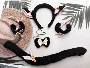 Full set of cute black furry cat ears headband, tail, and bow tie with bells for cosplay.