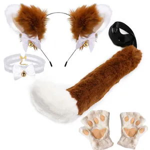 Detailed view of the 4-piece fox cosplay set including ears, tail, gloves and choker