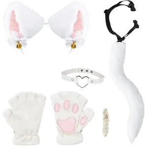 White furry fox cosplay costume set with cat ears, long tail, paw gloves and heart choker