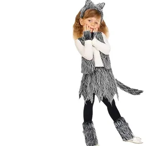 Grey wolf furry Halloween costume for children including headpiece vest skirt and tail