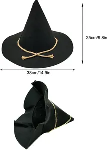 Sombrero de espantapájaros negro para Halloween con cuerda, medidas 38 cm x 25 cm