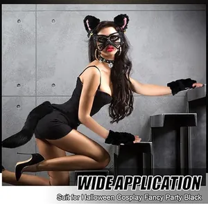 Ensemble de cosplay chat noir avec oreilles en peluche, masque, queue et gants