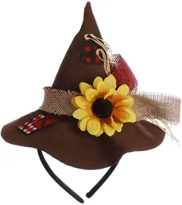Diadema de sombrero de bruja de espantapájaros Halloween con girasol y lazo de arpillera