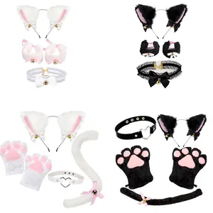 Cute Plush Cat Ears Headband With Bells Bowknot Tail Paw Gloves Lace Choker Halloween Cosplay Costume Accessories For Women