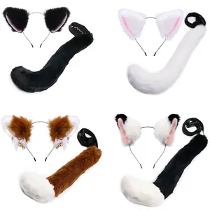 Plush cat ear headband and tail cosplay set in four color variations on white background