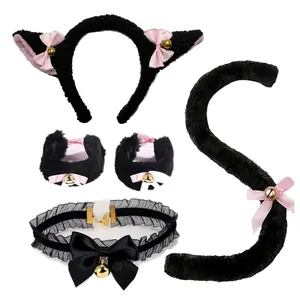 Cute black furry cat cosplay set with bell ears tail paws and lace choker for Halloween