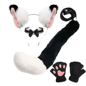 Plush cat ear headband, fox tail, and paw gloves cosplay accessory set for anime fans