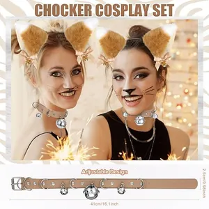 Ensemble cosplay oreilles de renard en fausse fourrure et collier à cloche Halloween