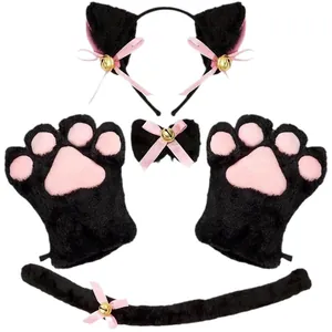 4pcs cute black plush cat ear headband tail gloves cosplay set with pink bows and bells