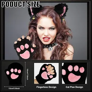 Guide détaillé des tailles pour gants cosplay pattes de chat noirs sans doigts avec dimensions.