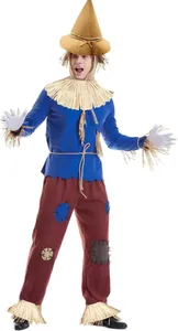 Vista completa detallada del disfraz de espantapájaros de Halloween para hombres con sombrero