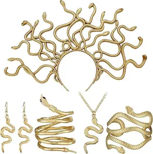 Detailansicht des goldenen Medusa Schlangen Schmucksets mit Stirnband und Ohrringen
