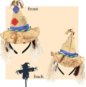 Diadema de sombrero de espantapájaros de Halloween con rafia, vistas frontal y trasera