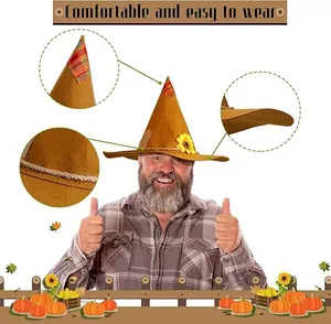Vista detallada de un cómodo sombrero de espantapájaros de Halloween con girasol