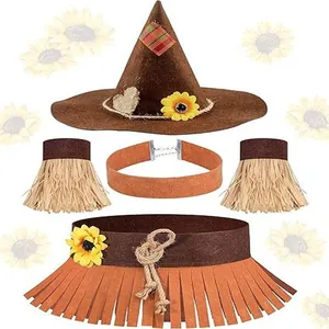 Detalle del conjunto de disfraz de espantapájaros con sombrero de girasol y rafia.