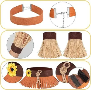 Detalles de los accesorios de disfraz de espantapájaros con paja de rafia y girasoles