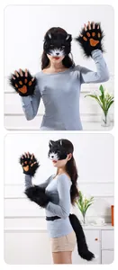 Detail view showing plush texture of raccoon mask, furry paw gloves and long tail
