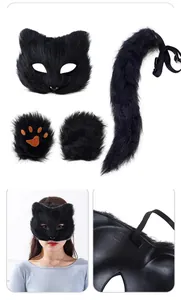 Close-up detail of black faux fur cat mask back and full cosplay accessory set