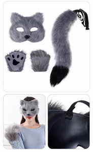 Detailed views of the grey faux fur fox cosplay set including mask, tail, and paws
