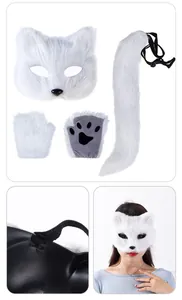 Detailed views of white furry fox cosplay set including mask, tail, and soft furry paws.