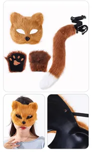 Detailed view of fox cosplay set including plush mask, tail, and soft paw gloves