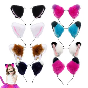 Detailed view of various plush cat and fox ear headbands for Halloween cosplay