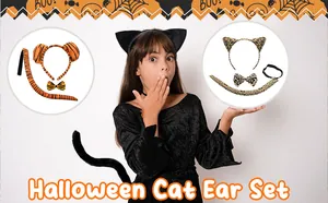 Set di cerchietto con orecchie da gatto, tigre e leopardo di Halloween con papillon e coda