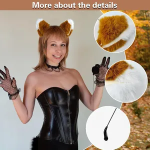 Detail view of brown fox ear headband and black lace gloves for cosplay costume