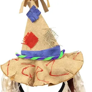 Diadema con sombrero de espantapájaros de Halloween con parches y paja de rafia