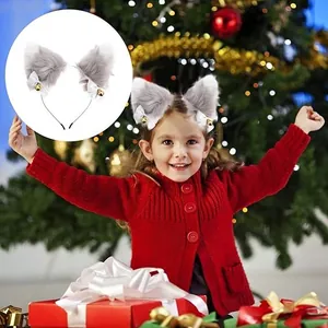 Detailed view of gray faux fur fox ears headband with bows and bells for cosplay