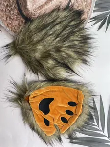 Detailed view of fluffy faux fur fox ears and paw printed cosplay accessories